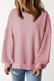 Slit Waffle-Knit Round Neck Long Sleeve Top - Trendsi - Flyclothing LLC