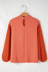 Swiss Dot Mock Neck Balloon Sleeve Blouse - Trendsi - Flyclothing LLC