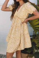 Floral Short Sleeve Surplice Frilly Tiered Mini Dress - Trendsi - Flyclothing LLC