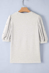 Rhinestone Pearl Detail Round Neck Puff Sleeve Top - Trendsi - Flyclothing LLC
