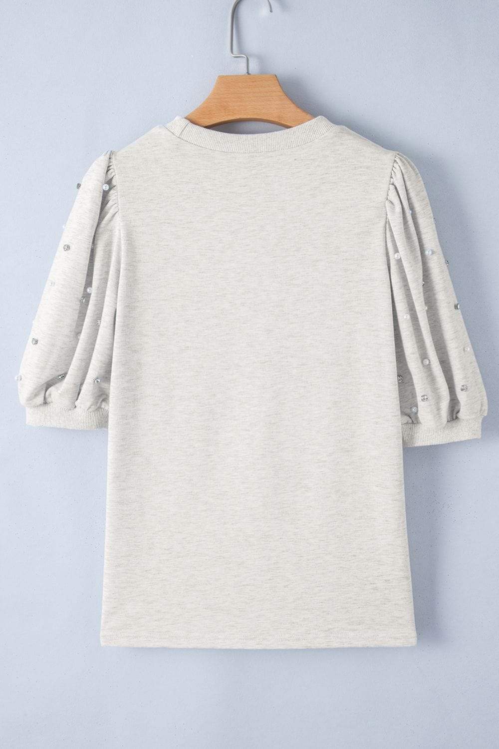 Rhinestone Pearl Detail Round Neck Puff Sleeve Top - Trendsi - Flyclothing LLC