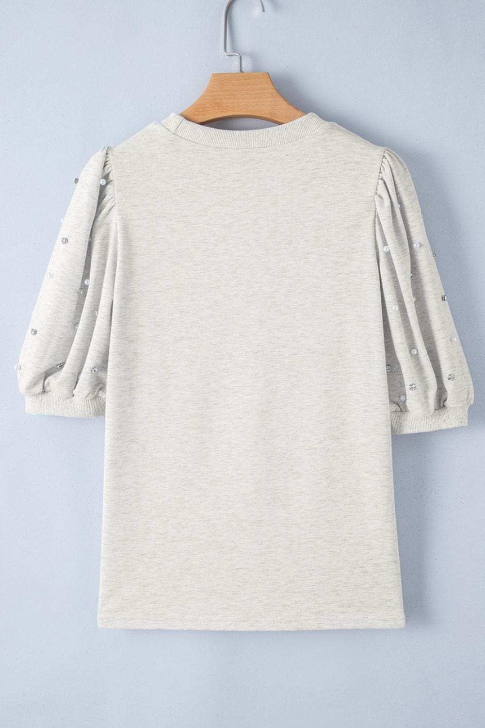 Rhinestone Pearl Detail Round Neck Puff Sleeve Top - Trendsi - Flyclothing LLC