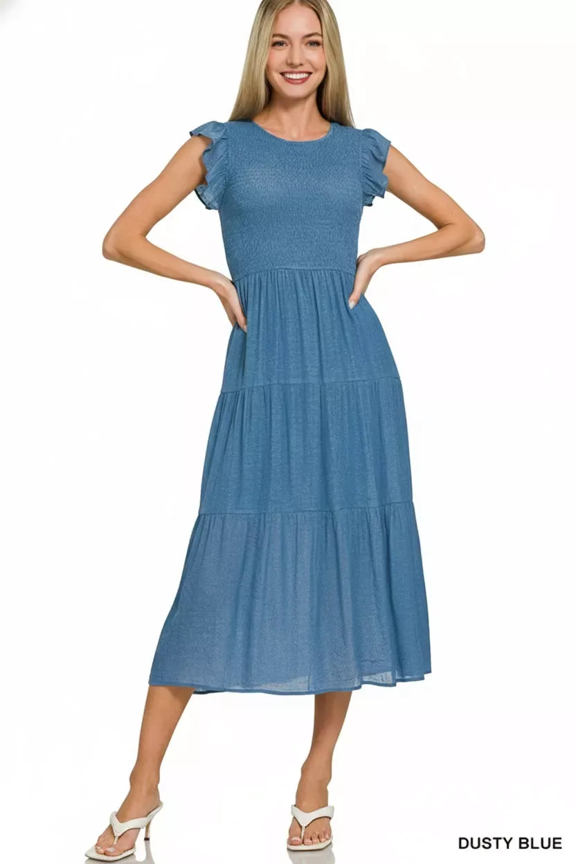 Zenana Woven Smocked Ruffle Sleeve Midi Dress - Trendsi - Flyclothing LLC