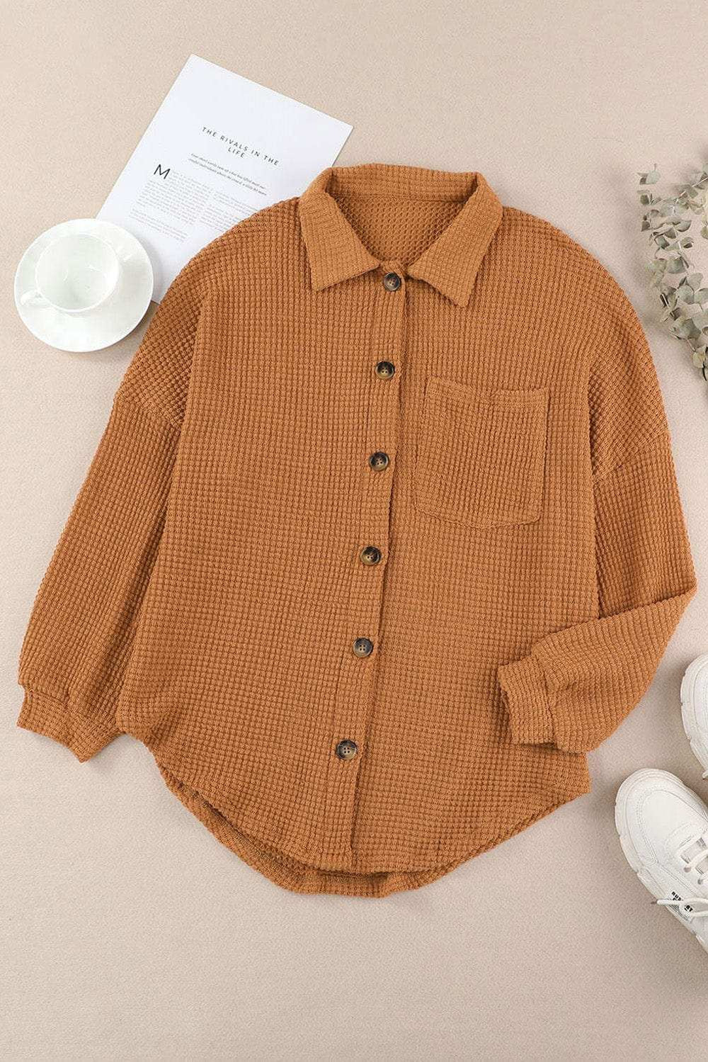 Waffle-Knit Collared Neck Long Sleeve Shirt - Trendsi - Flyclothing LLC