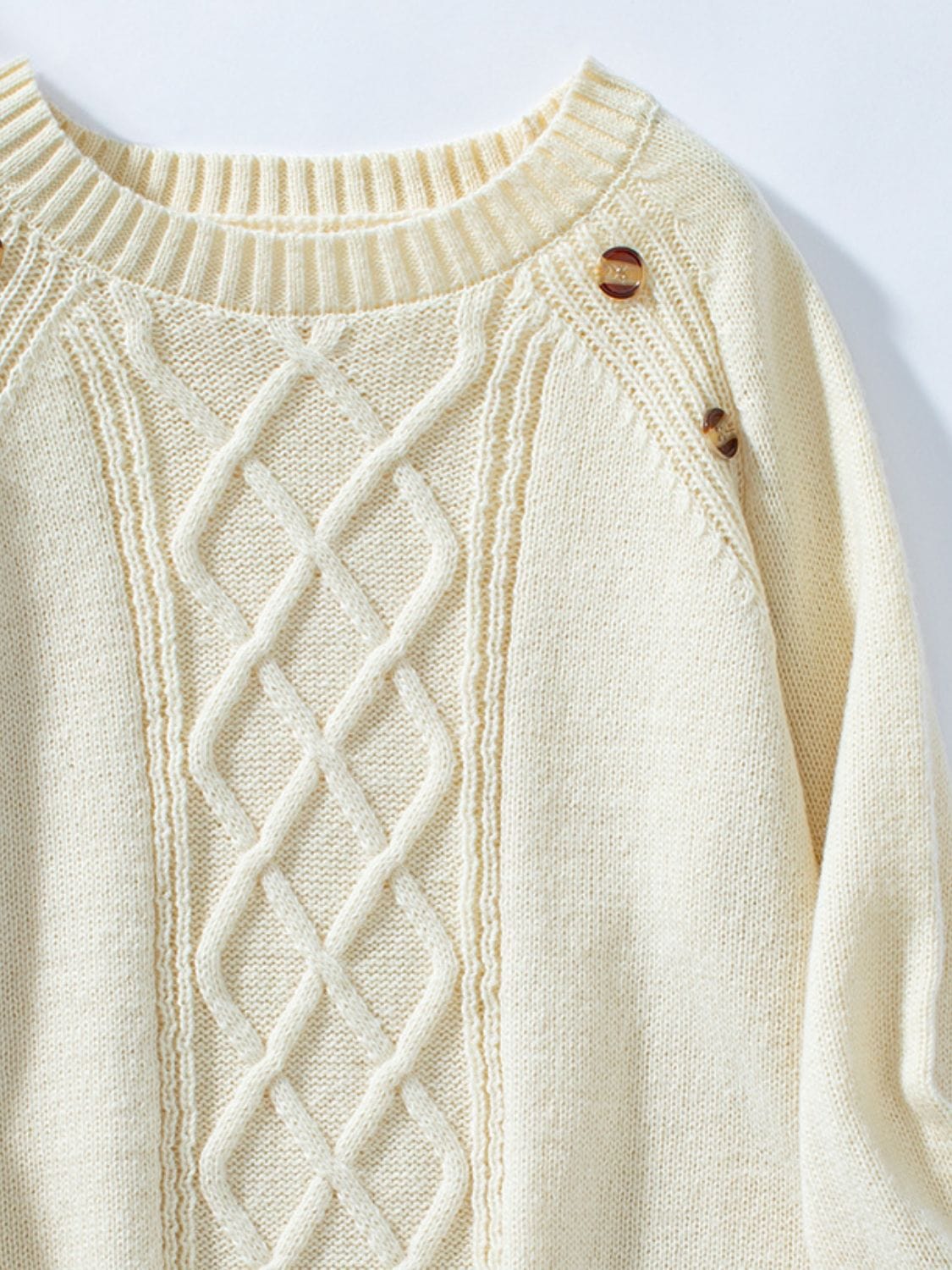 Decorative Button Round Neck Raglan Sleeve Sweater - Trendsi