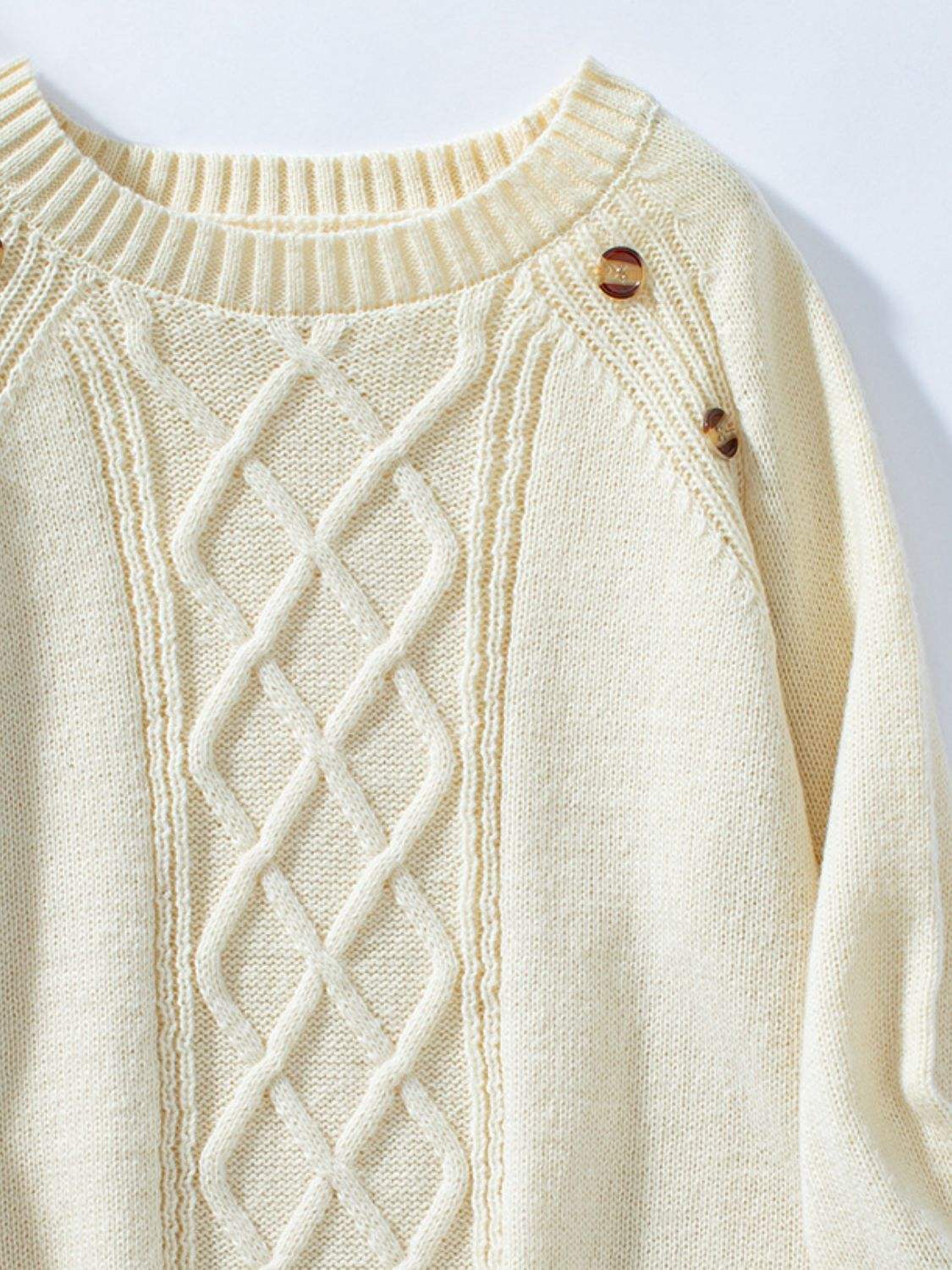 Decorative Button Round Neck Raglan Sleeve Sweater - Trendsi - Flyclothing LLC