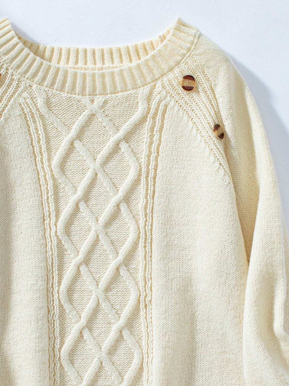 Decorative Button Round Neck Raglan Sleeve Sweater - Trendsi - Flyclothing LLC
