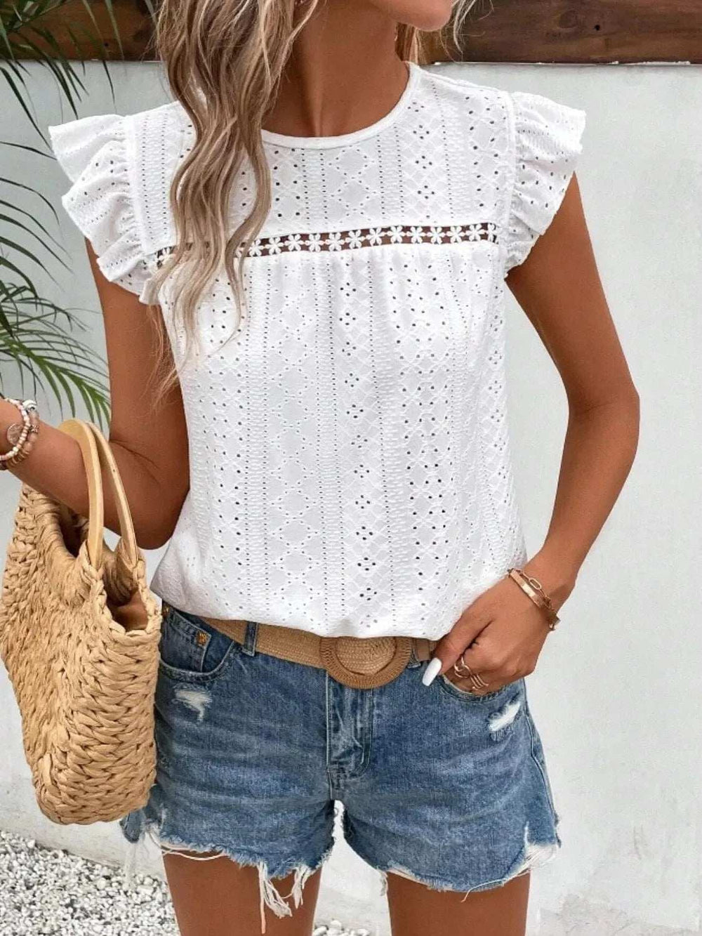 Eyelet Round Neck Cap Sleeve Top - Trendsi - Flyclothing LLC