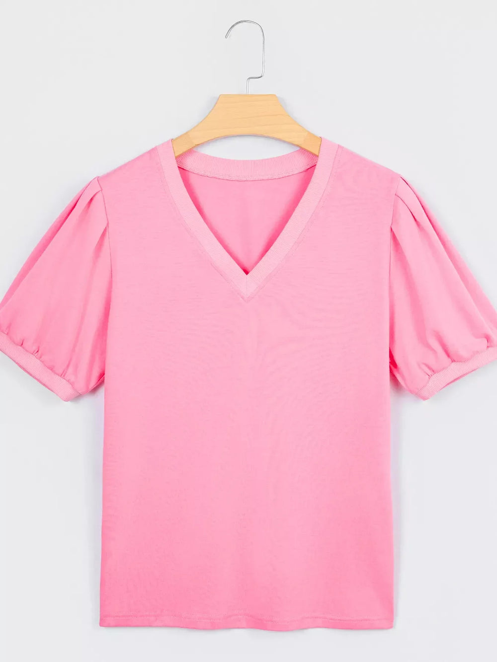 Solid Color V Neck Short Puff Sleeve Blouse - Trendsi - Flyclothing LLC