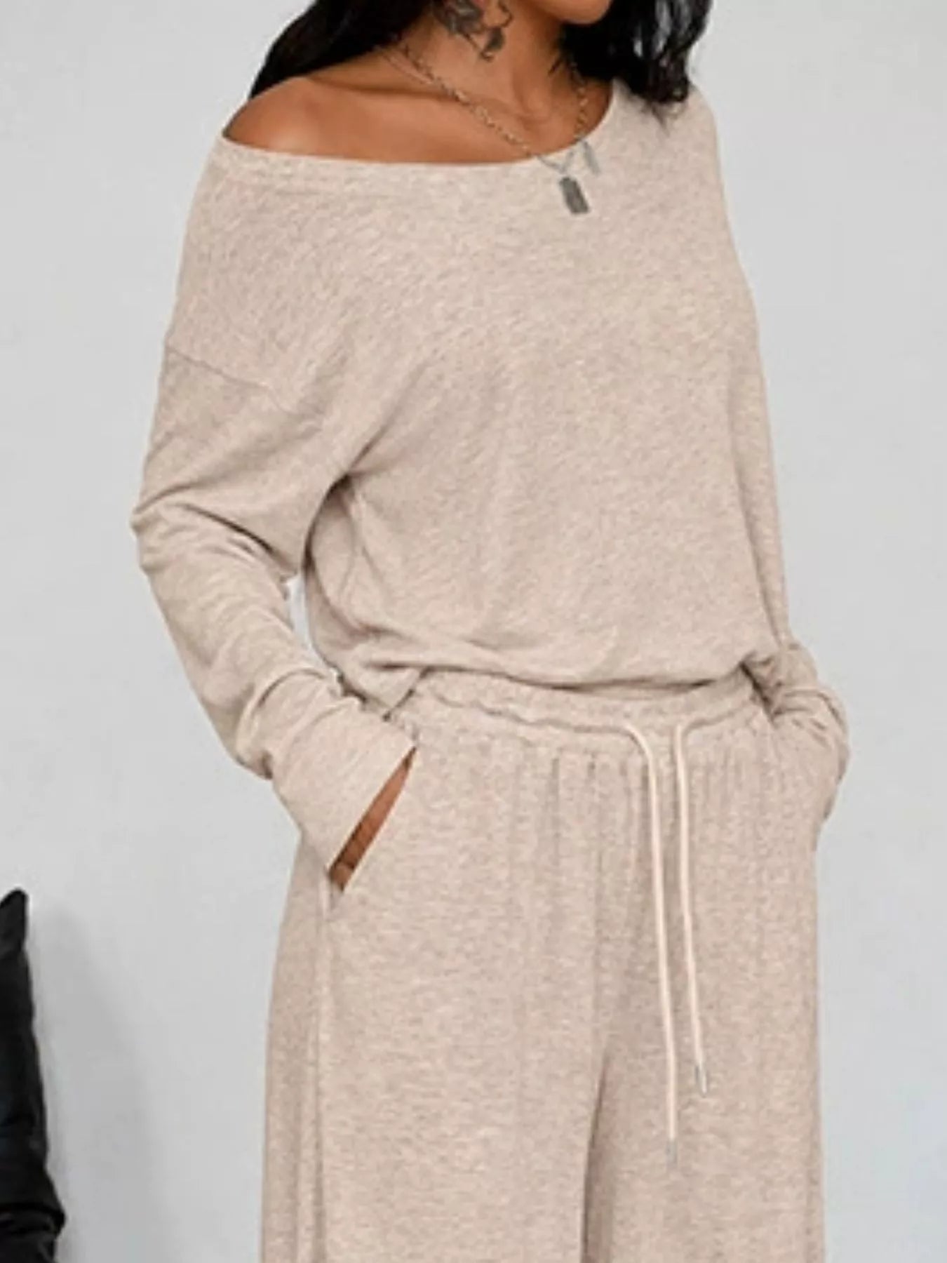 Full Size Comfortable Loose Fit One-Shoulder T-Shirt and Pants Set Plus Size - Trendsi - Flyclothing LLC