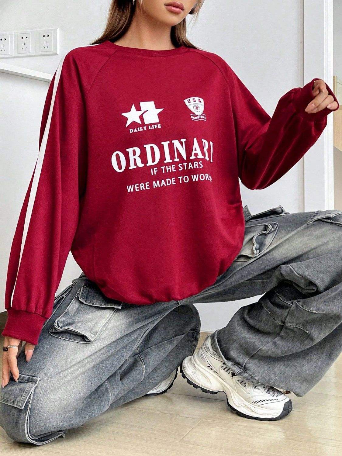 Letter Graphic Round Neck Long Sleeve Sweatshirt - Trendsi - Flyclothing LLC