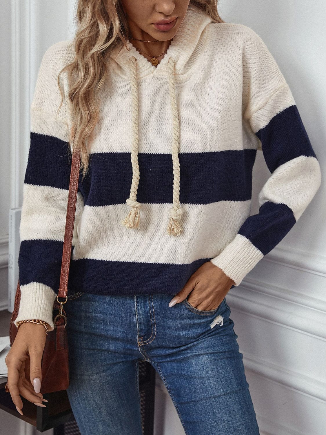 Drawstring Contrast Stripe Dropped Shoulder Hooded Sweater - Trendsi
