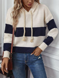 Drawstring Contrast Stripe Dropped Shoulder Hooded Sweater - Trendsi