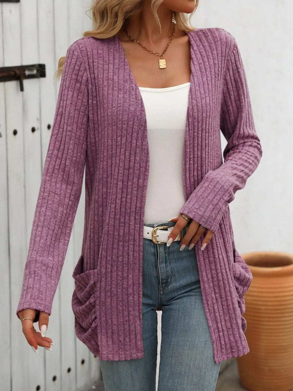 Open Front Long Sleeve Ribbed Cardigan - Trendsi - Flyclothing LLC