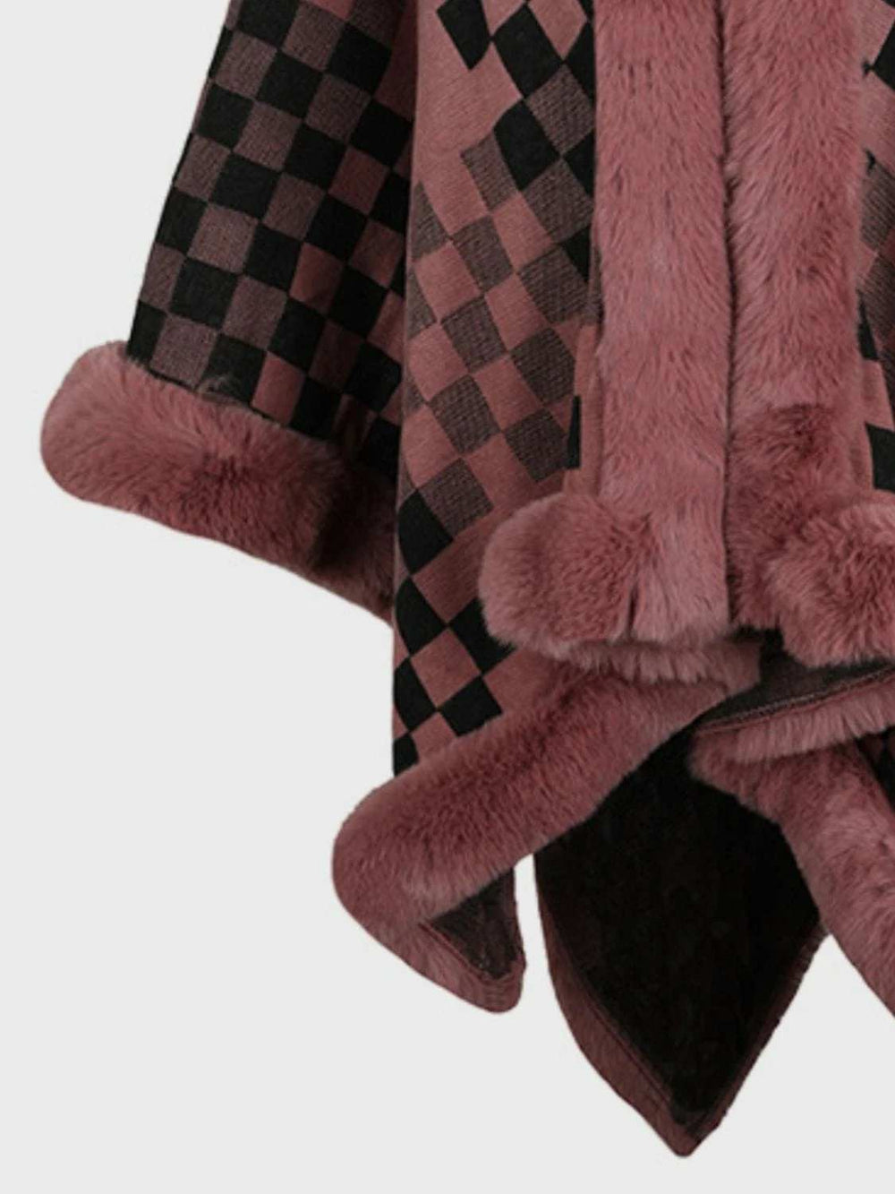 Fuzzy Checkered Long Sleeve Poncho - Trendsi - Flyclothing LLC