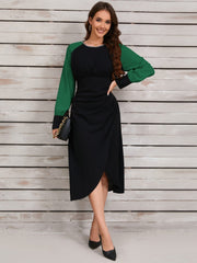 Ruched Contrast Long Sleeve Midi Dress - Trendsi