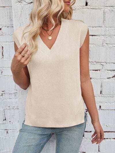 Lovelet Ribbed V-Neck Slit Sweater Vest - Trendsi - Flyclothing LLC
