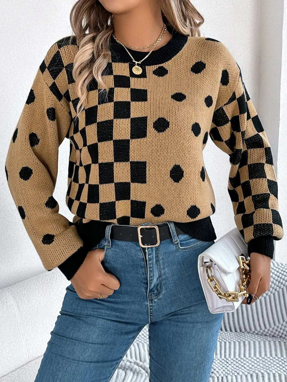 Plaid Round Neck Long Sleeve Sweater - Trendsi - Flyclothing LLC