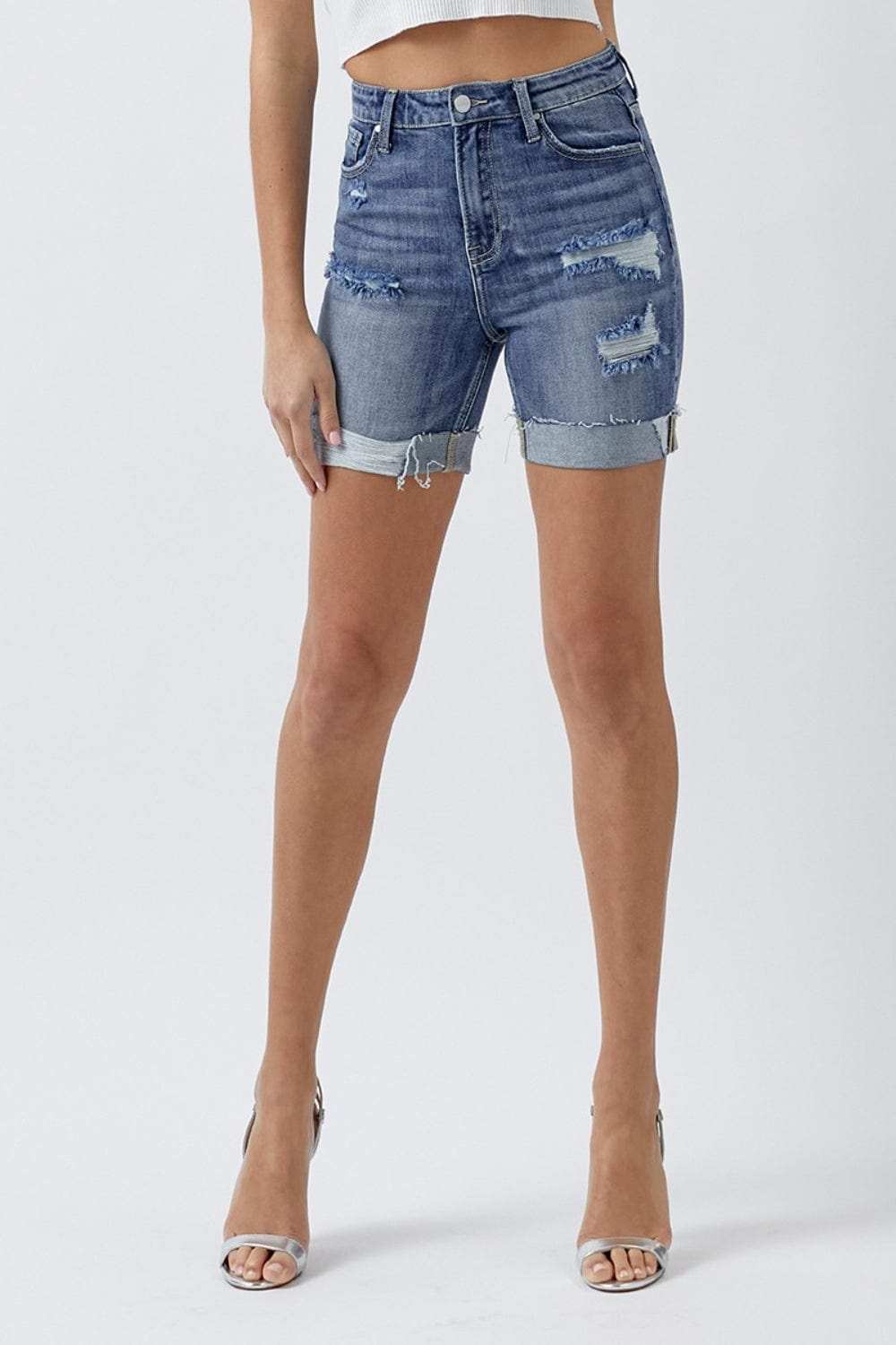 RISEN Full Size Distressed Rolled Denim Shorts with Pockets - Trendsi - Flyclothing LLC