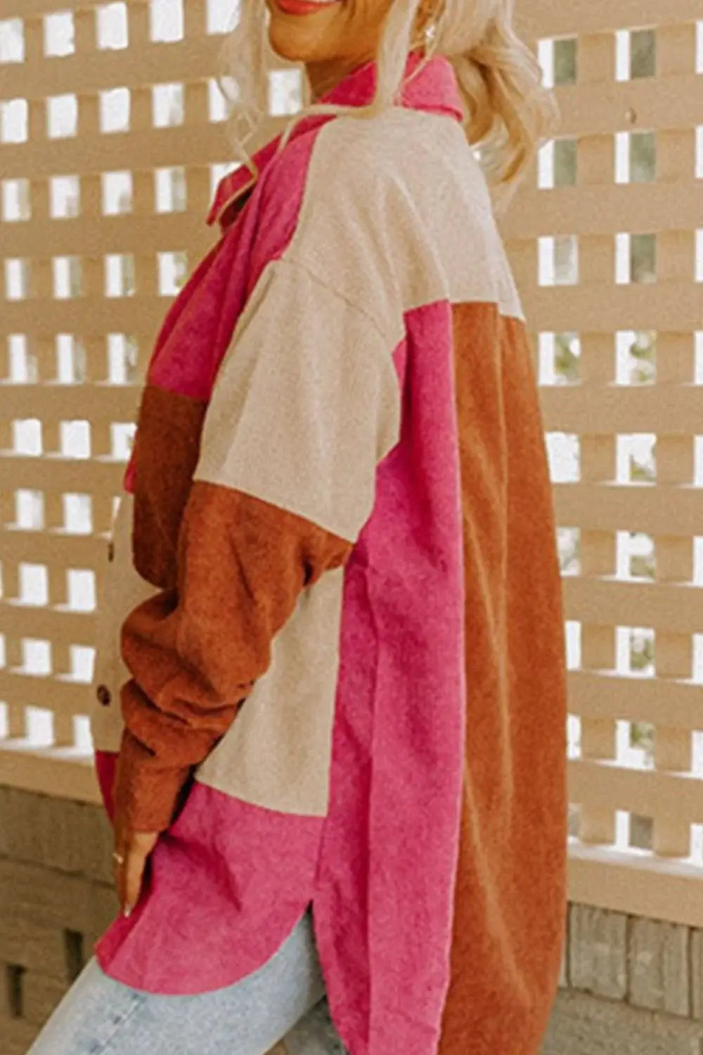 Color Block Curved Hem Corduroy Shacket with Pocket - Trendsi - Flyclothing LLC