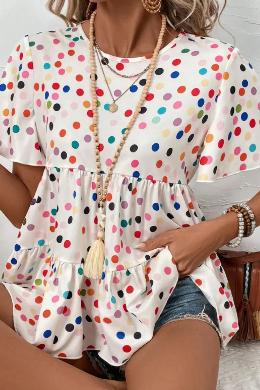 Polka Dot Short Sleeve Tiered Ruffled Babydoll Blouse - Trendsi - Flyclothing LLC