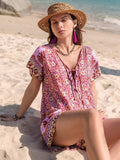 Printed V-Neck Short Sleeve Romper - Trendsi - Flyclothing LLC