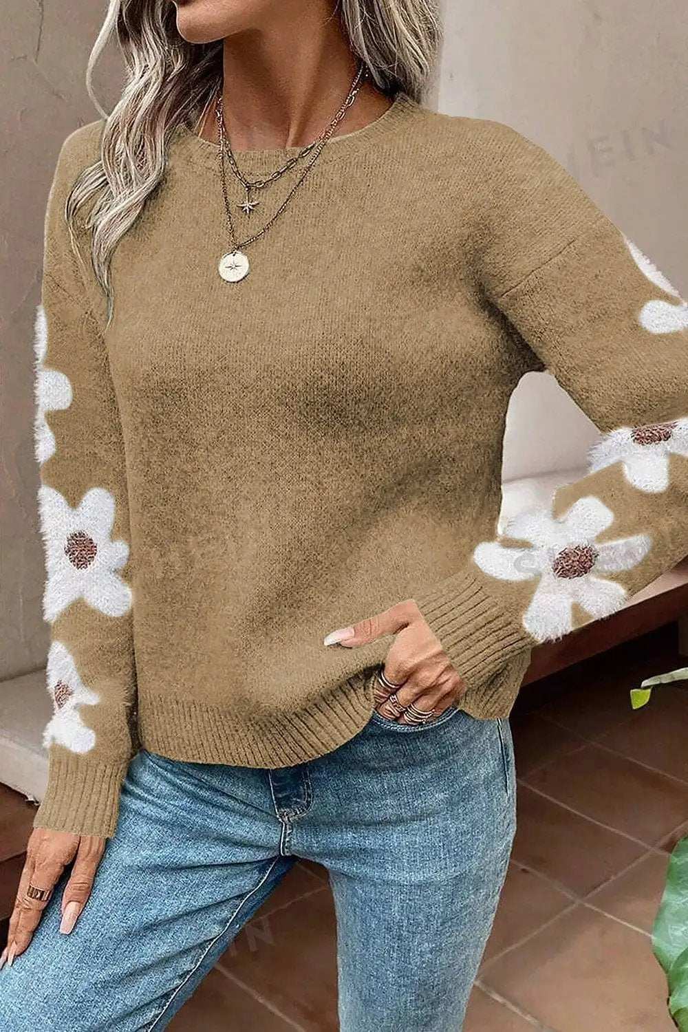 Flower Round Neck Long Sleeve Sweater - Trendsi - Flyclothing LLC