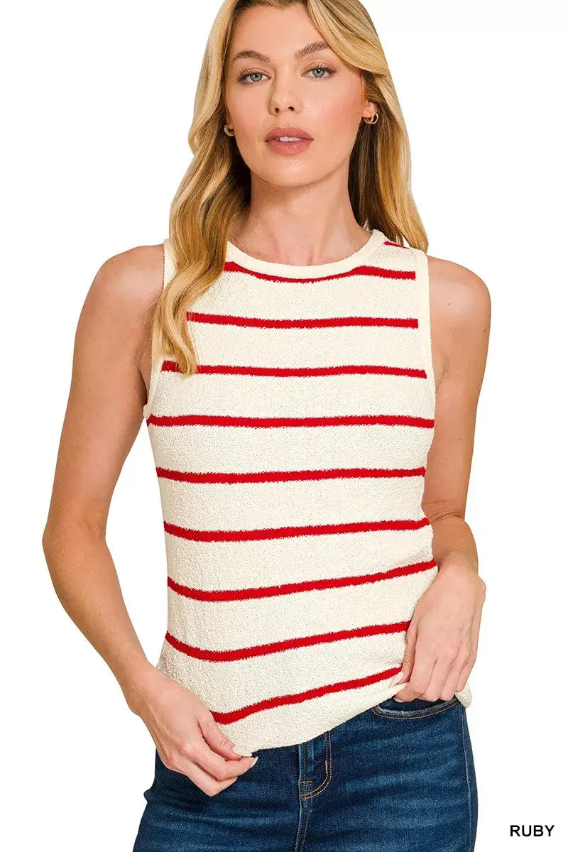 Zenana Round Neck Stripe Knit Tank Top - Trendsi - Flyclothing LLC