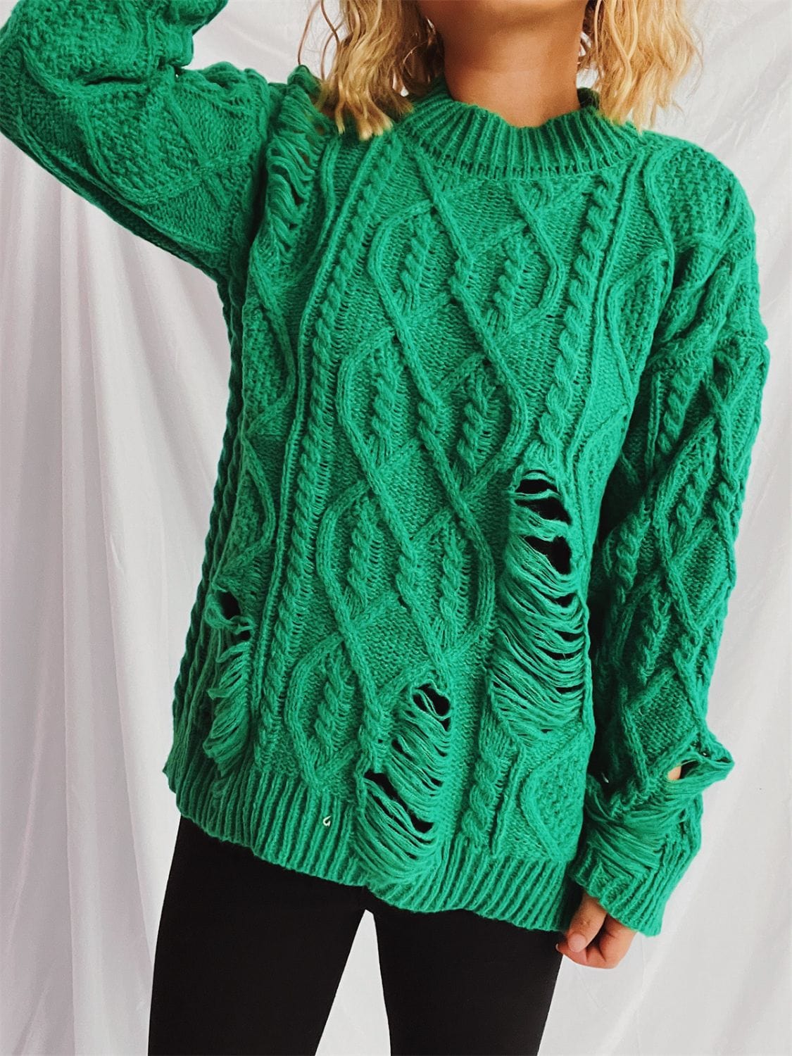 Distressed Cable-Knit Round Neck Long Sleeve Sweater - Trendsi