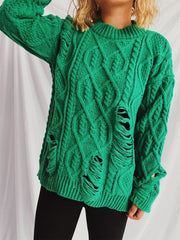 Distressed Cable-Knit Round Neck Long Sleeve Sweater - Trendsi