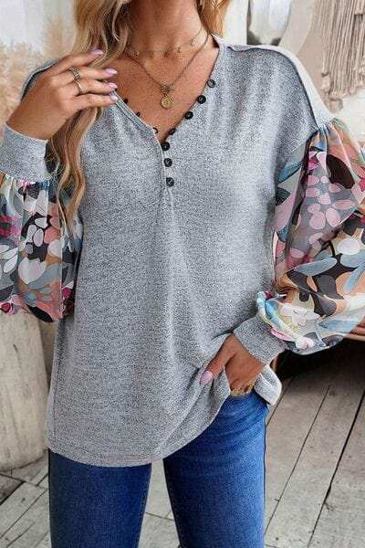 Printed Lantern Sleeve Buttoned V Neck Top - Trendsi - Flyclothing LLC
