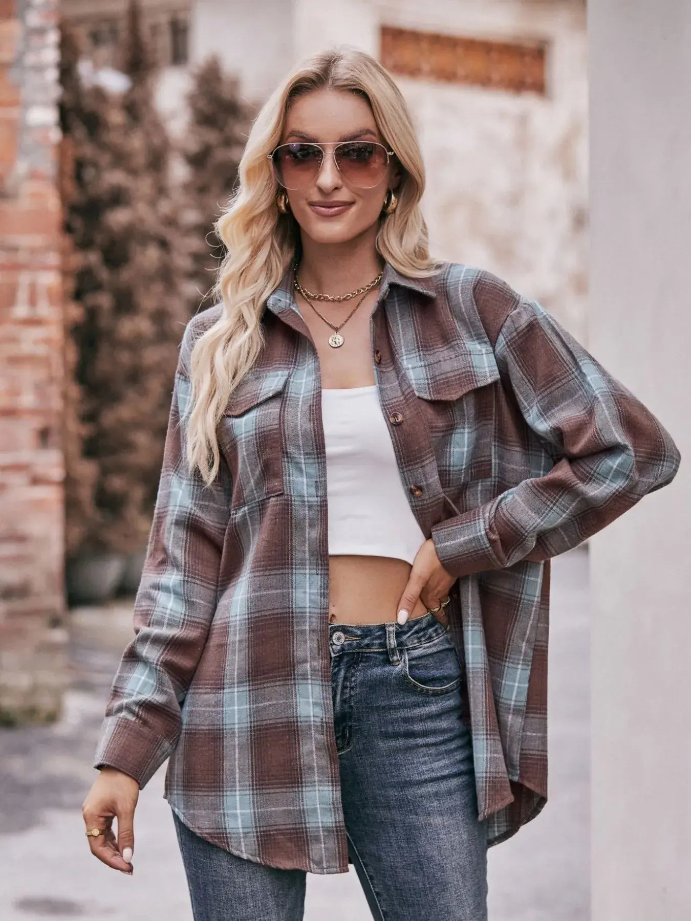Plaid Button-Down Long Sleeve Shirt - Trendsi - Flyclothing LLC