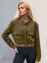 Pocketed Snap Down Baseball Collar Jacket - Trendsi - Flyclothing LLC