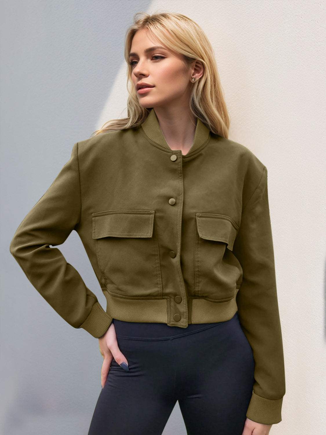 Pocketed Snap Down Baseball Collar Jacket - Trendsi - Flyclothing LLC