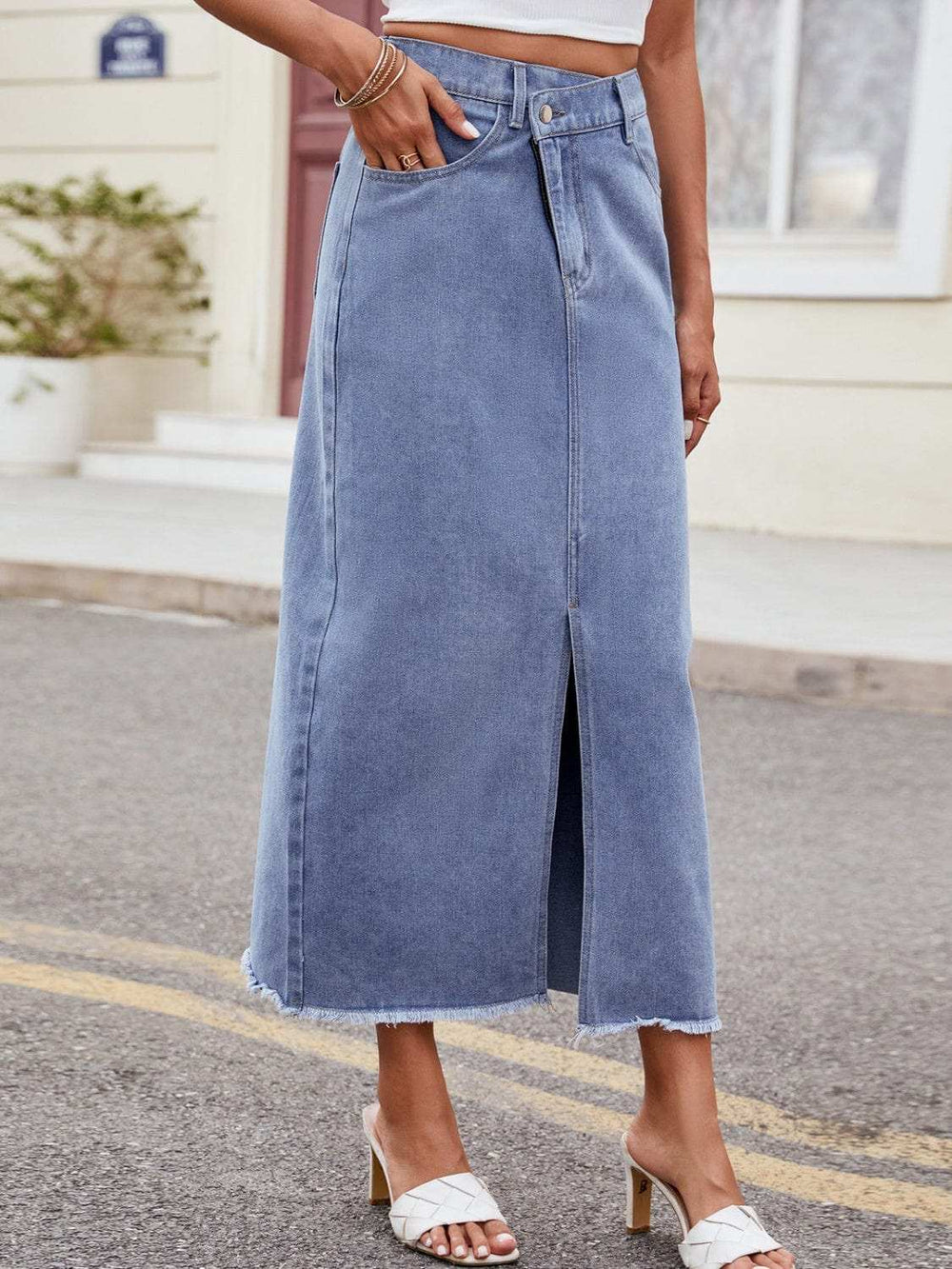 Slit Asymmetrical Waist Denim Skirt - Trendsi - Flyclothing LLC
