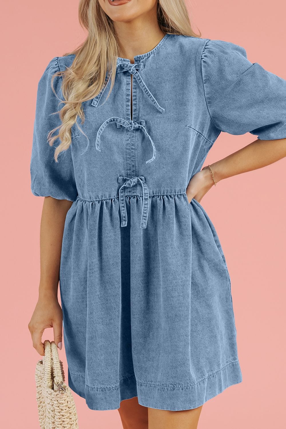 Bowknot Round Neck Half Sleeve Denim Dress - Trendsi