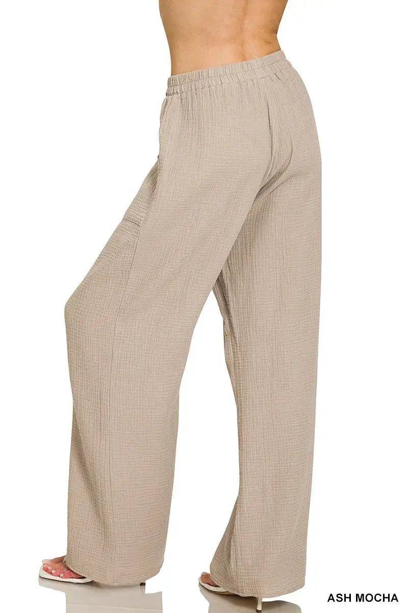 Zenana Double Gauze Elastic Band Pants - Trendsi - Flyclothing LLC