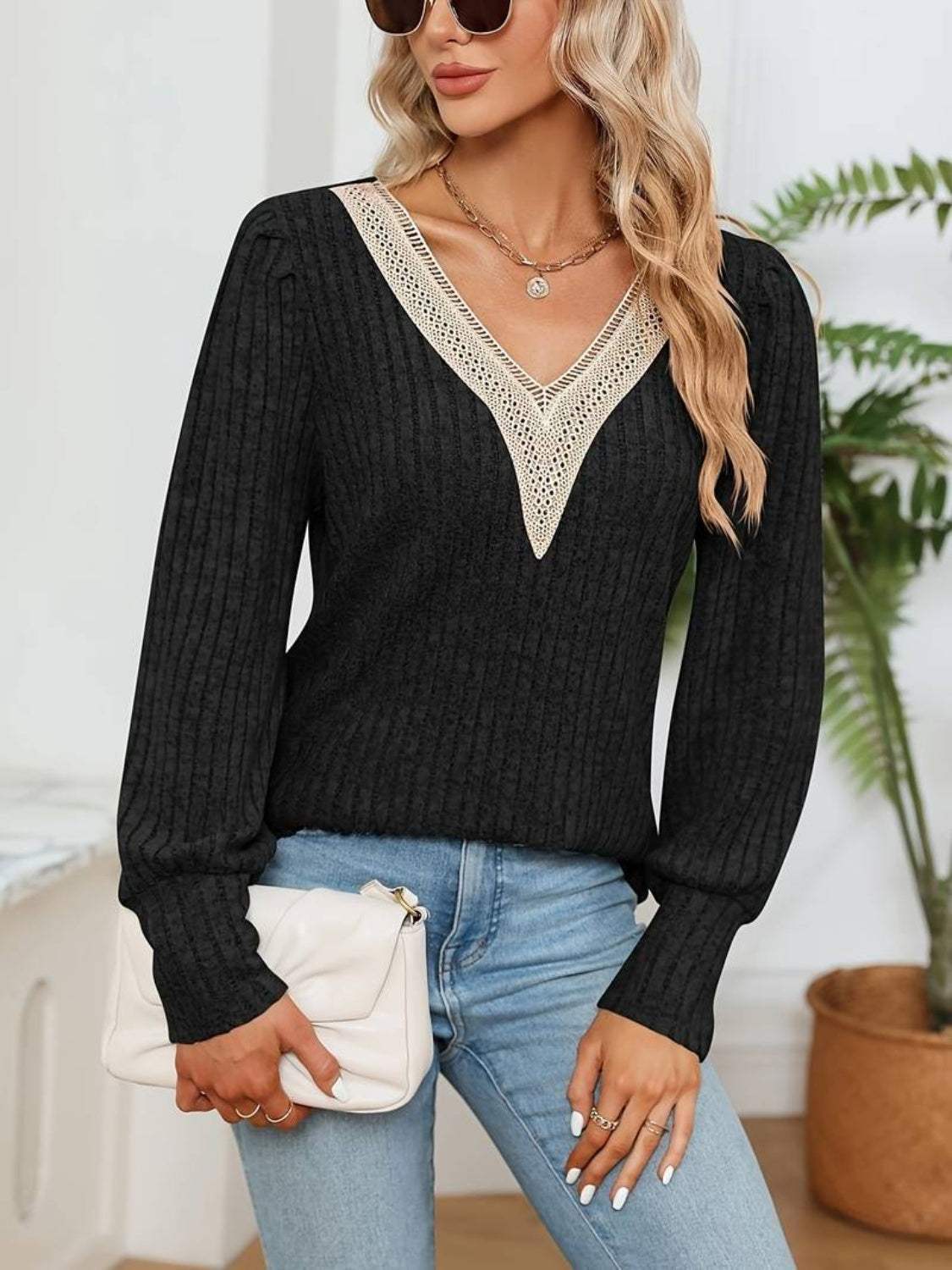 V-Neck Long Sleeve T-Shirt - Trendsi - Flyclothing LLC