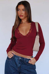 Lace Detail V-Neck Long Sleeve T-Shirt - Trendsi - Flyclothing LLC