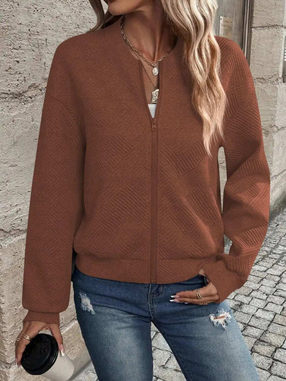 Textured Zip Up Long Sleeve Jacket - Trendsi - Flyclothing LLC