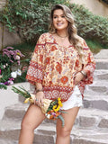 Plus Size Printed V-Neck Three-Quarter Sleeve Blouse - Trendsi - Flyclothing LLC