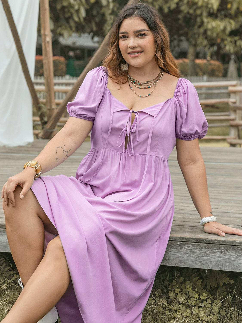 Plus Size Tie Neck Short Sleeve Dress - Trendsi - Flyclothing LLC