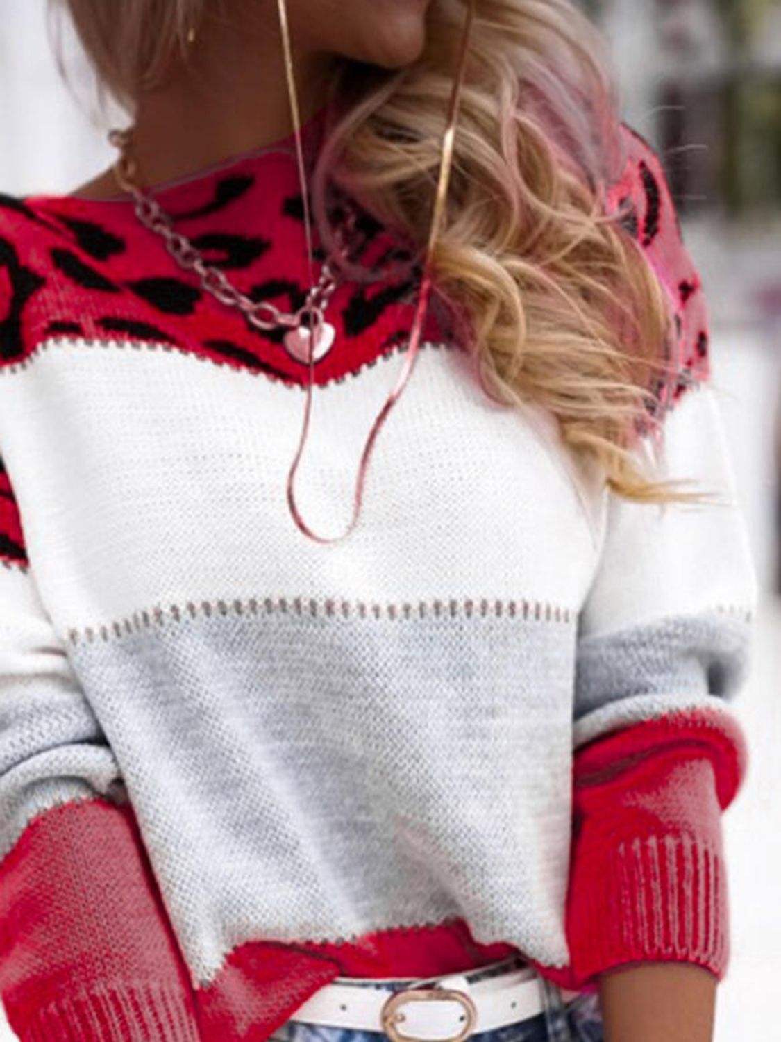 Leopard Color Block Round Neck Long Sleeve Sweater - Trendsi - Flyclothing LLC
