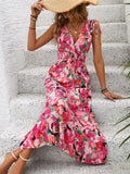 Ruffled Smocked Printed Sleeveless Dress - Trendsi