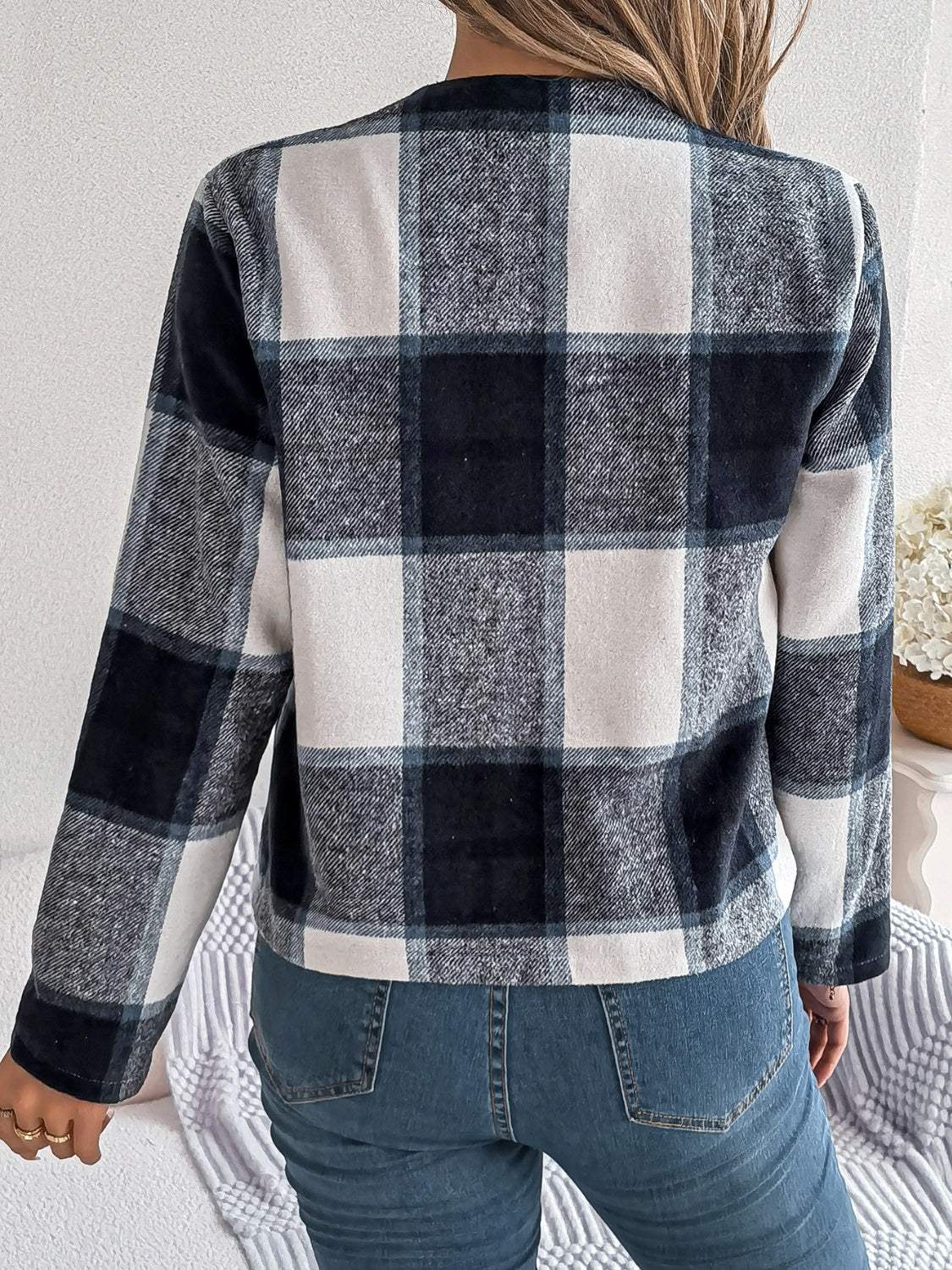 Plaid Open Front Long Sleeve Jacket - Trendsi - Flyclothing LLC