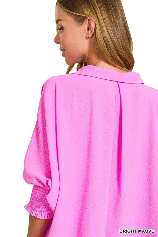 Zenana Airflow Collar Tee with Smocked Sleeve Band Top - Trendsi - Flyclothing LLC