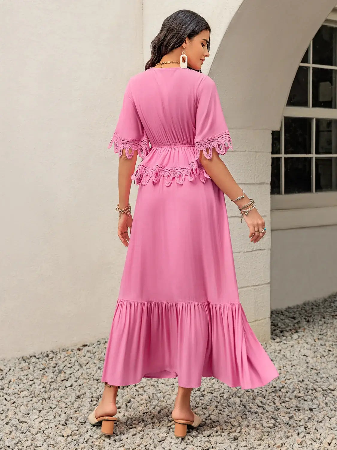Lace Detail V-Neck Half Sleeve Midi Dress - Trendsi - Flyclothing LLC