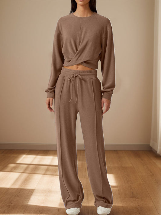 Crisscross Round Neck Top and Drawstring Pants Set - Trendsi