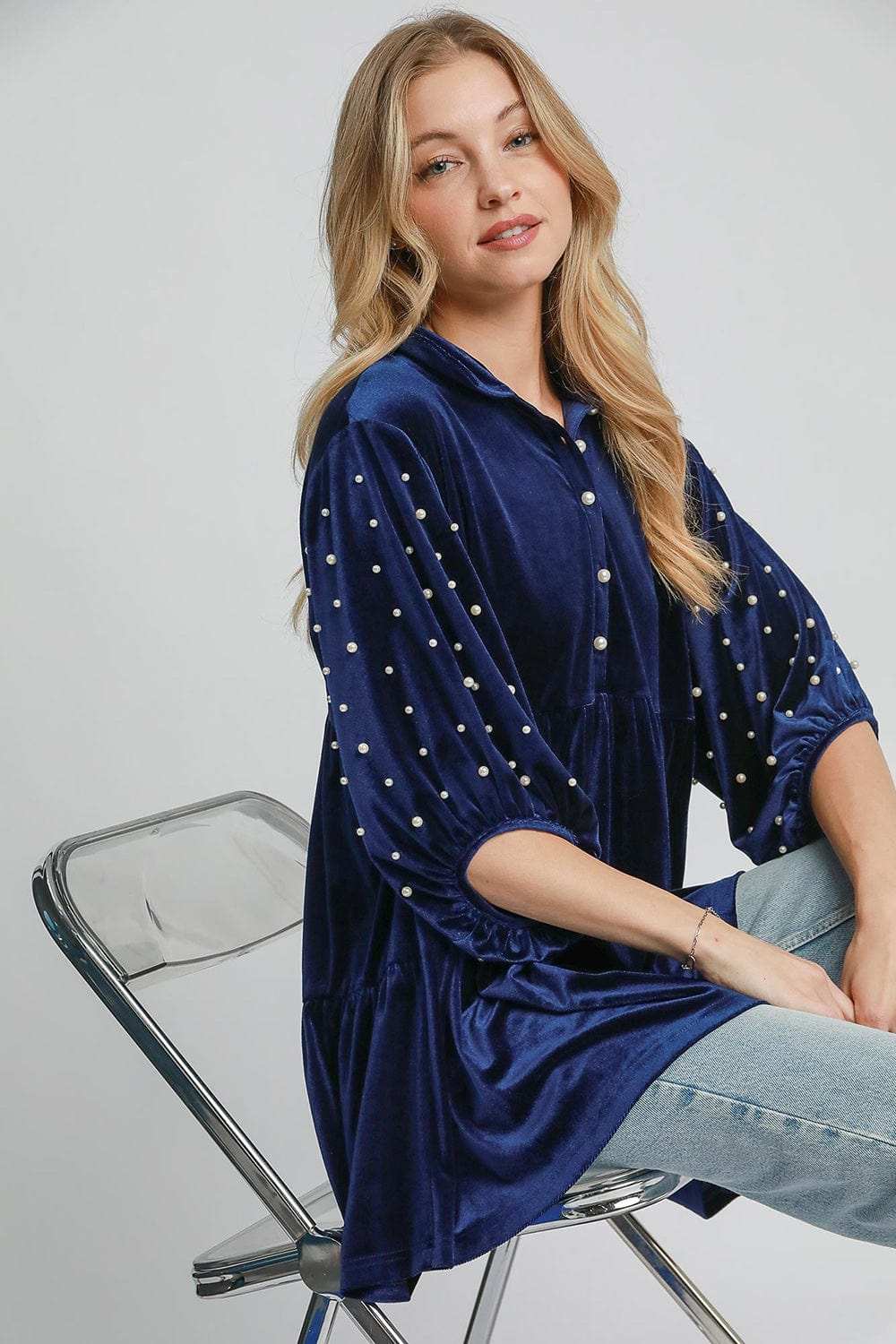 Umgee Pearl Detail Collared Neck Velvet Babydoll Blouse - Trendsi - Flyclothing LLC