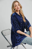 Umgee Pearl Detail Collared Neck Velvet Babydoll Blouse - Trendsi